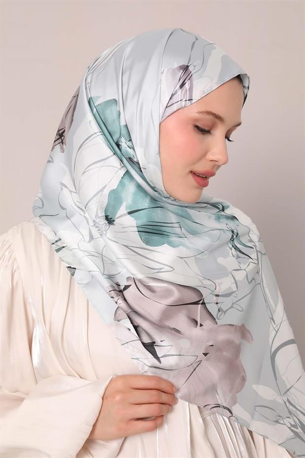 Yosun Yeşili Soyut Çiçek Desen Twill Şal