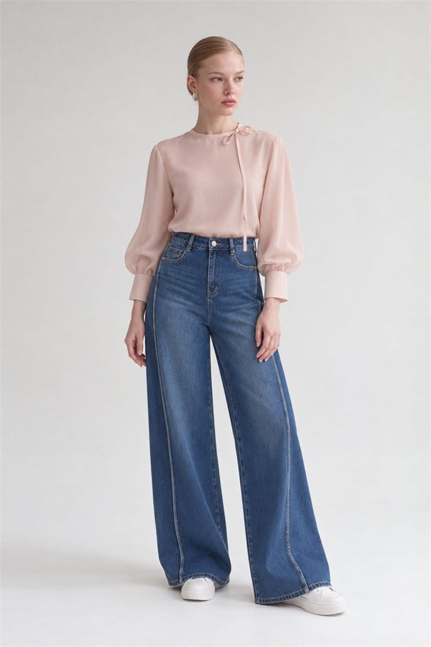 Yüksek Bel Wide Leg Jean Mavi