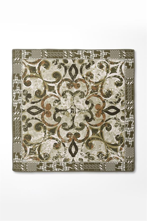 Zeytin Yeşili Desenli Twill İpek Eşerp