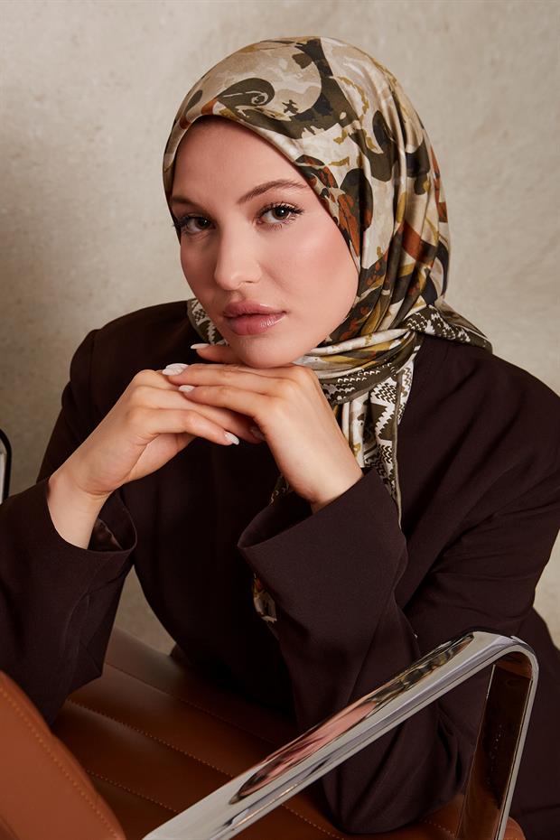 Zeytin Yeşili Desenli Twill İpek Eşerp