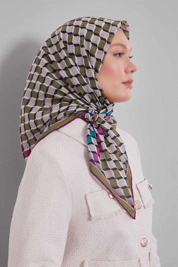 Zeytin Yeşili Küp Desen Soft Eşarp
