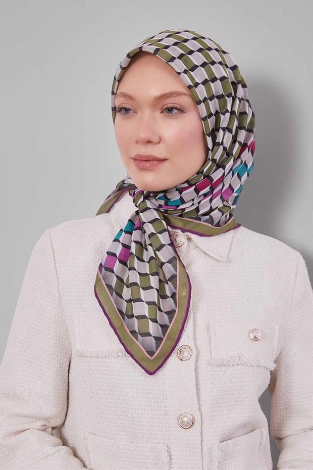 Zeytin Yeşili Küp Desen Soft Eşarp