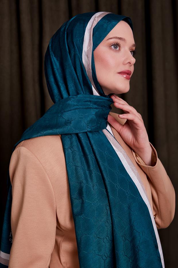 Zümrüt Yeşili Çift Çizgili Monogram Şal