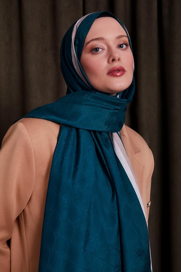Zümrüt Yeşili Çift Çizgili Monogram Şal