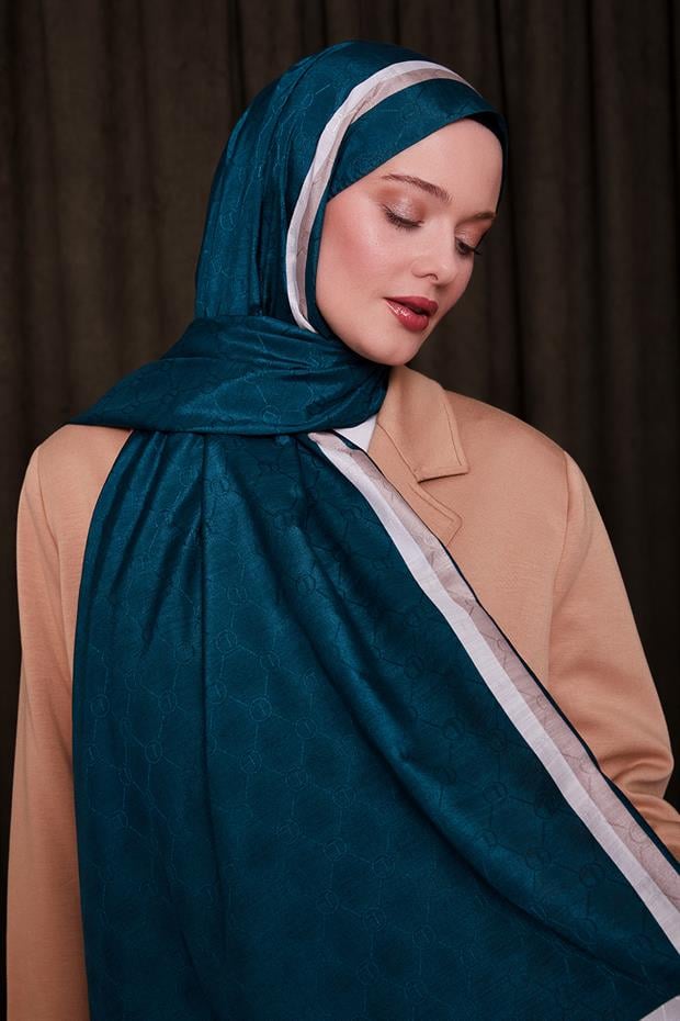 Zümrüt Yeşili Çift Çizgili Monogram Şal