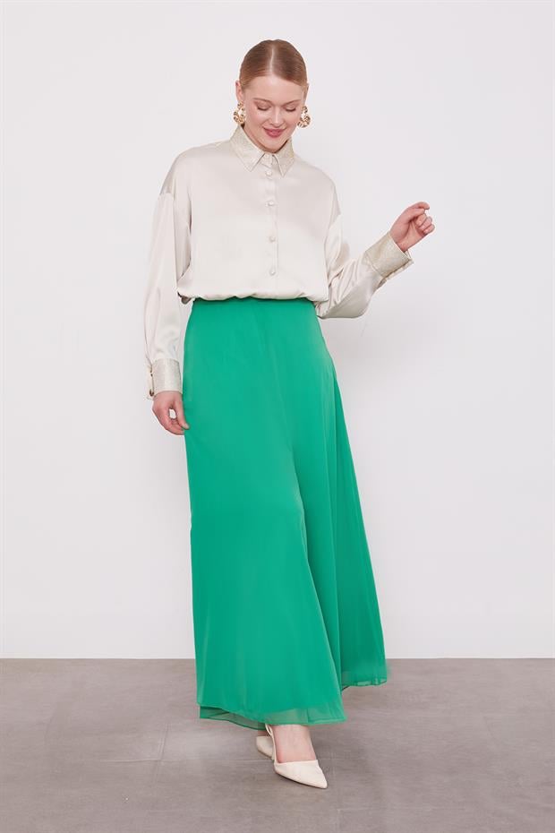 Zümrüt Geniş Paçalı Şifon Pantolon