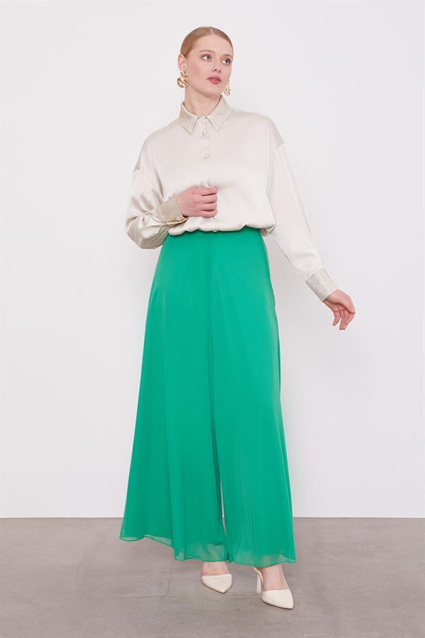 Zümrüt Geniş Paçalı Şifon Pantolon