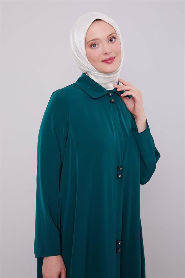 Zümrüt Yeşili İkili Düğme Detaylı Ferace