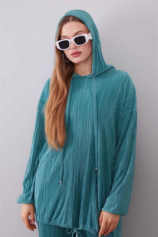 Zümrüt Yeşili Kapüşonlu Bağcık Detaylı İkili Takım