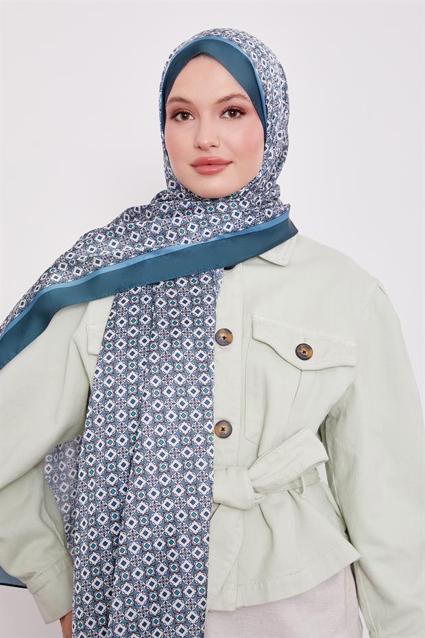 Zümrüt Yeşili Kare Desen Hint İpeği Şal