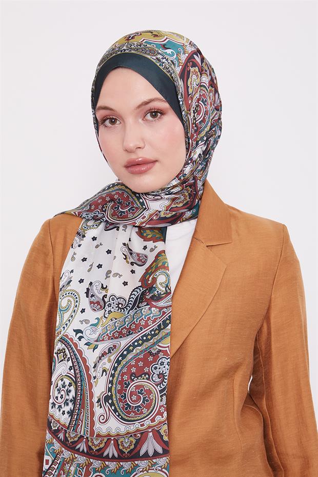 Zümrüt Yeşili Karışık Desenal Hint İpeği Şal