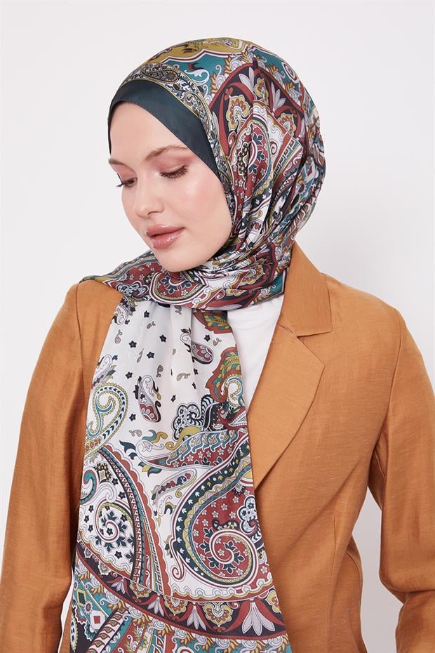 Zümrüt Yeşili Karışık Desenal Hint İpeği Şal