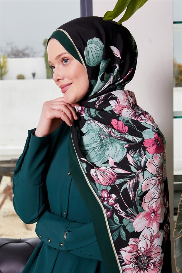 Zümrüt Yeşili Kenar Çiçek Desen Royal Şal