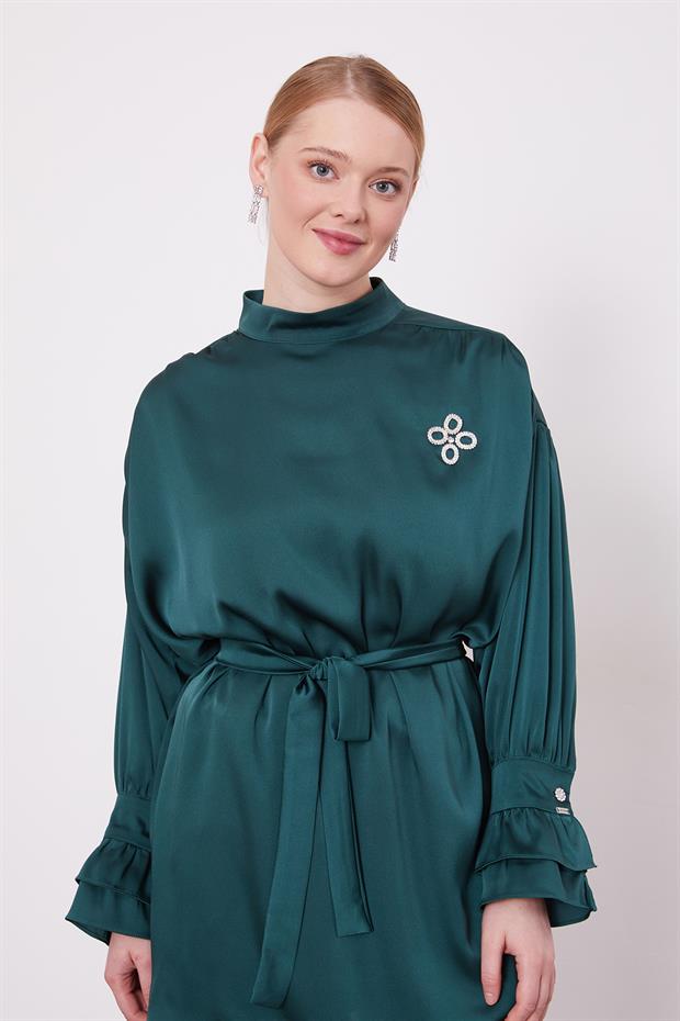 Zümrüt Yeşili Kol Fırfır Detaylı İkili Takım
