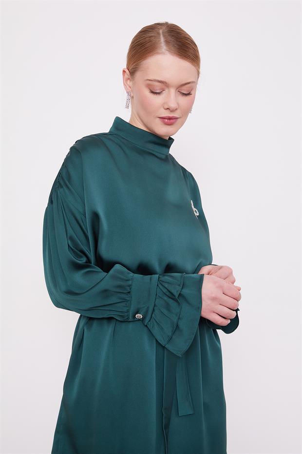 Zümrüt Yeşili Kol Fırfır Detaylı İkili Takım
