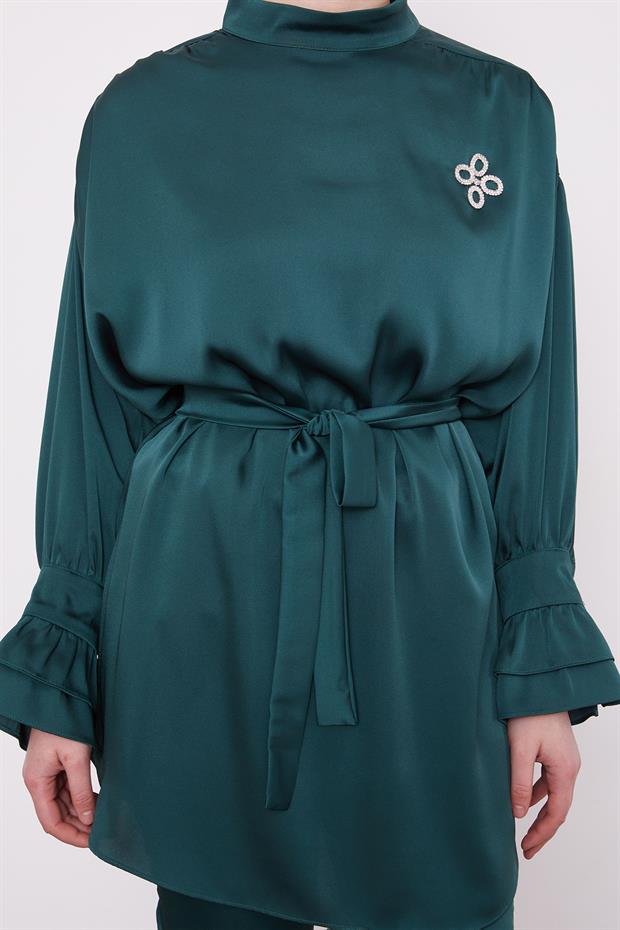 Zümrüt Yeşili Kol Fırfır Detaylı İkili Takım