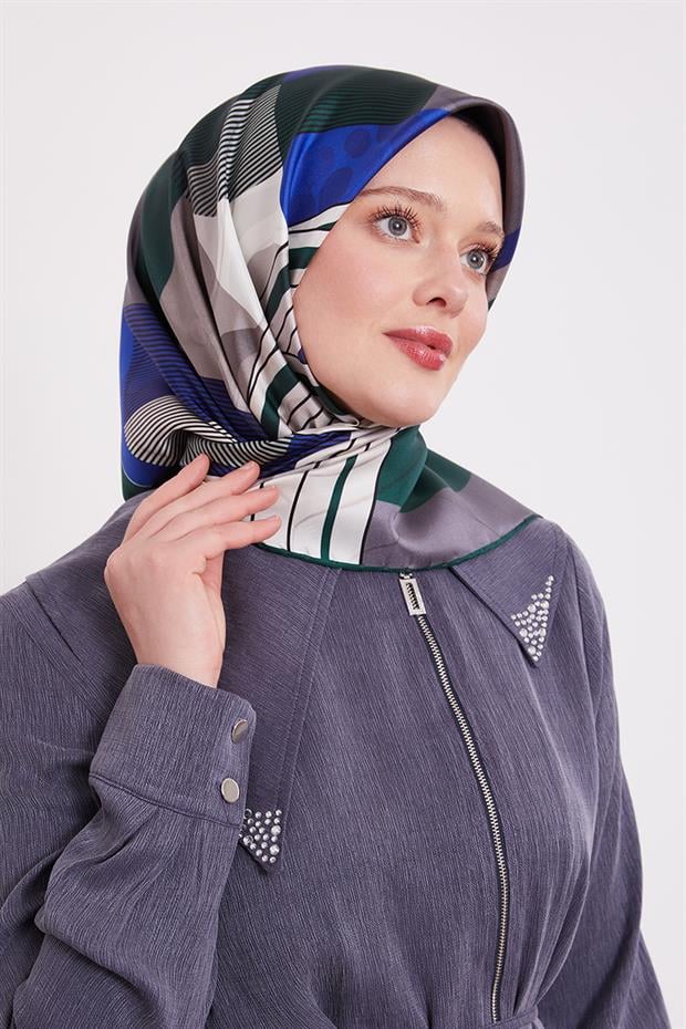 Zümrüt Yeşili Labirent Desen Twill İpek Eşarp