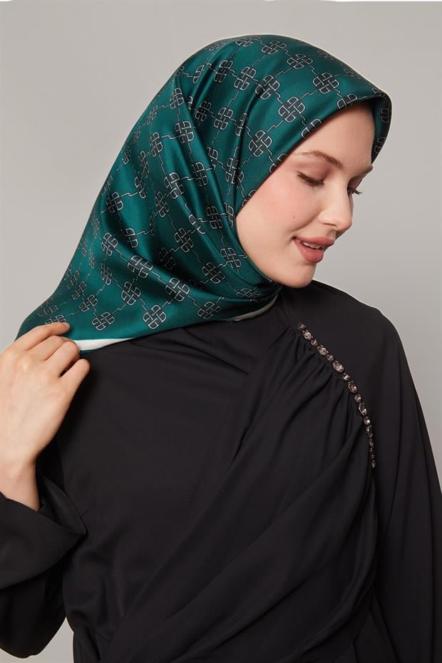 Zümrüt Yeşili Mini Yonca Desen Twill İpek Eşarp