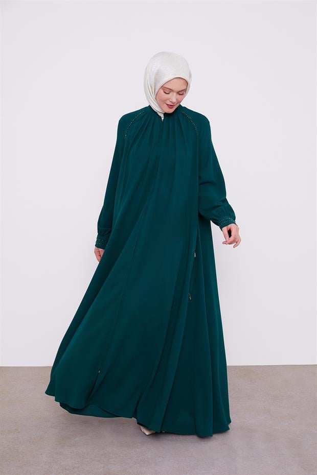 Zümrüt Yeşili Omuz Büzgülü Ferace
