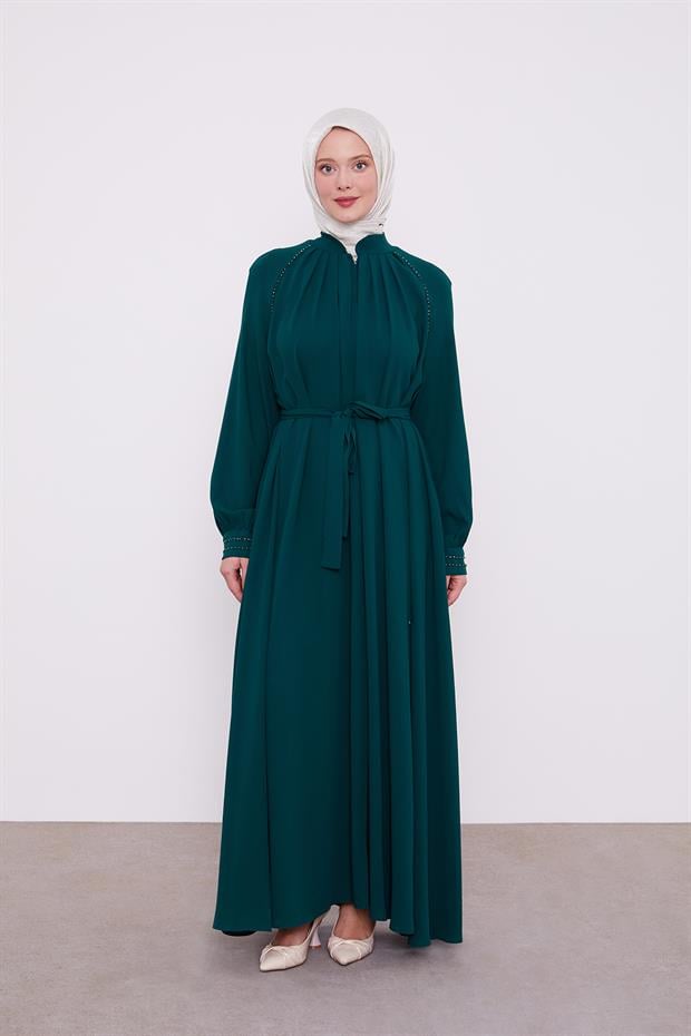 Zümrüt Yeşili Omuz Büzgülü Ferace