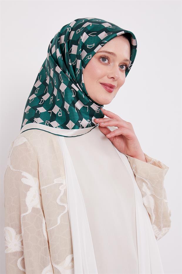 Zümrüt Yeşili Petek Baskılı Twill İpek Eşarp