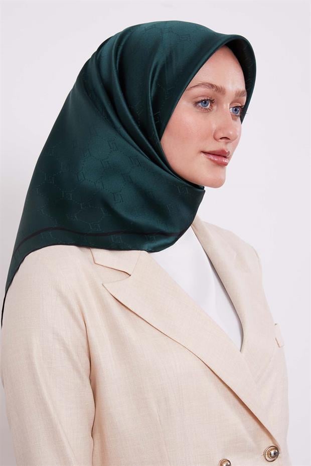Zümrüt Yeşili Petek Desen Monogram İpek Eşarp