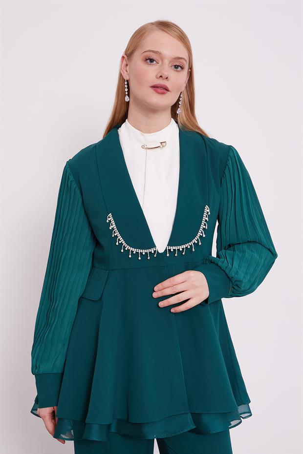 Zümrüt Yeşili Şifon Kollu Taş Detay İkili Takım