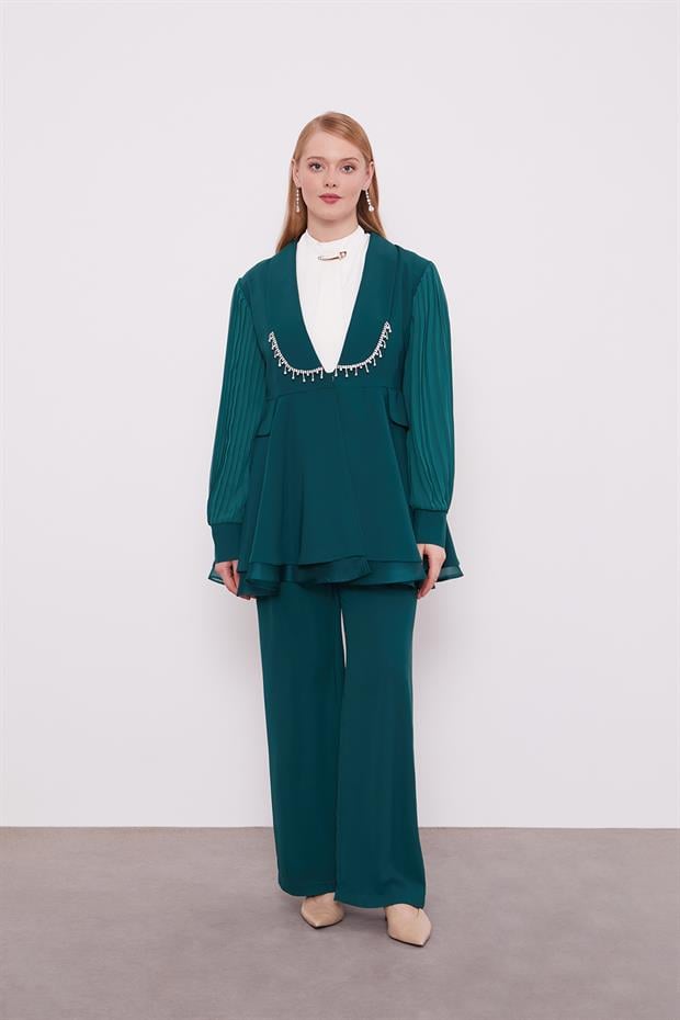 Zümrüt Yeşili Şifon Kollu Taş Detay İkili Takım