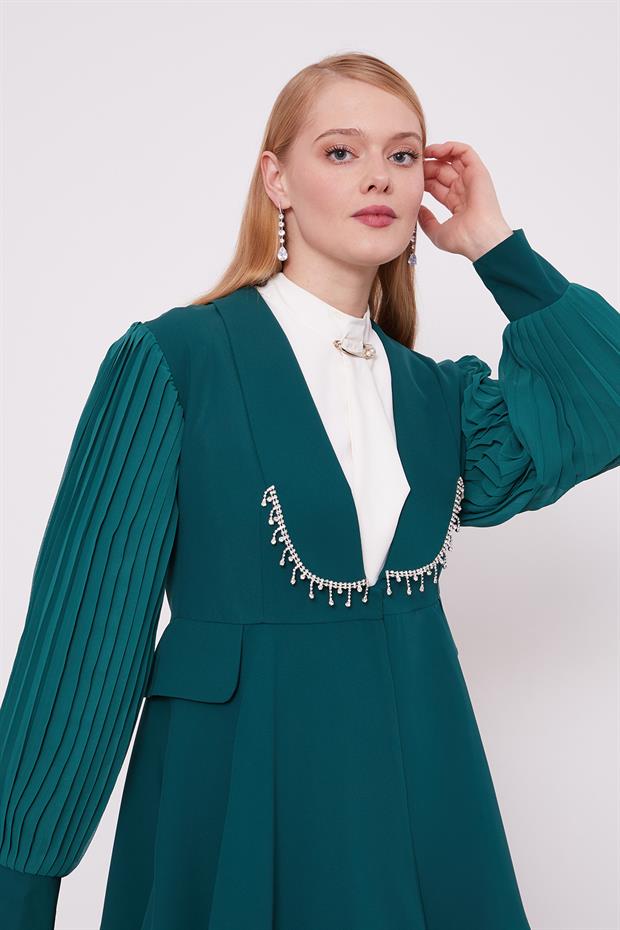 Zümrüt Yeşili Şifon Kollu Taş Detay İkili Takım