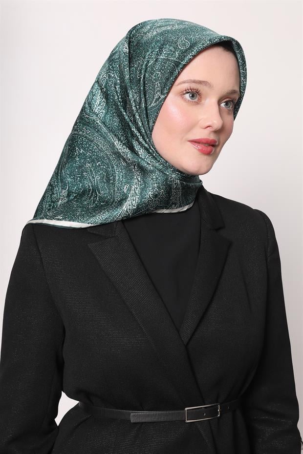 Zümrüt Yeşili Soyut Etnik Desen Twill İpek Eşarp