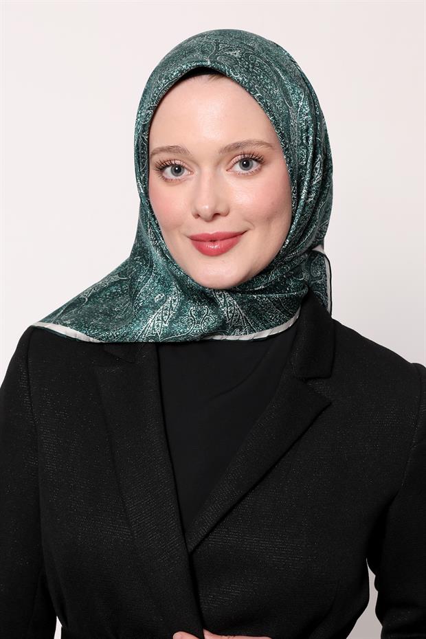 Zümrüt Yeşili Soyut Etnik Desen Twill İpek Eşarp