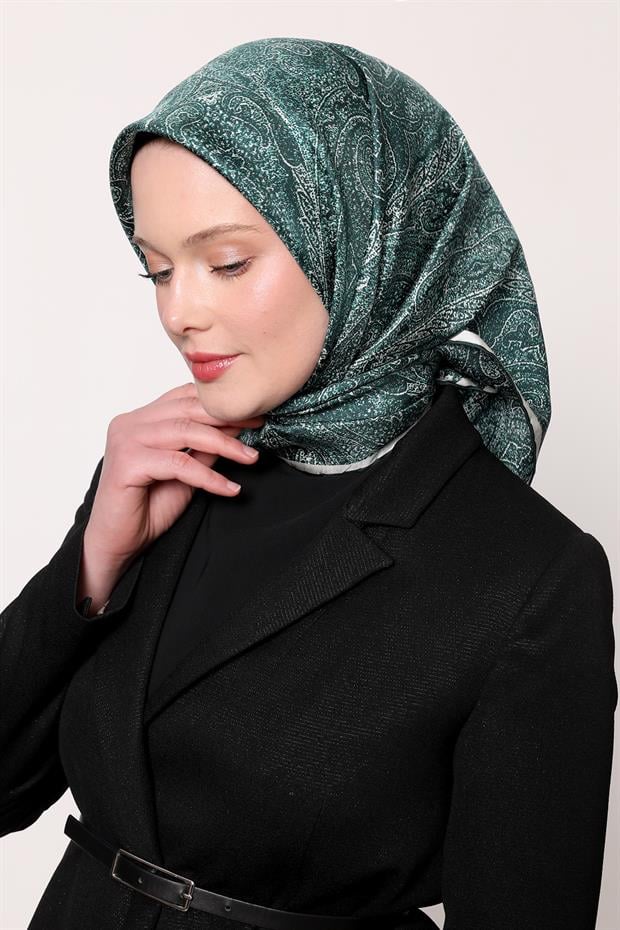 Zümrüt Yeşili Soyut Etnik Desen Twill İpek Eşarp