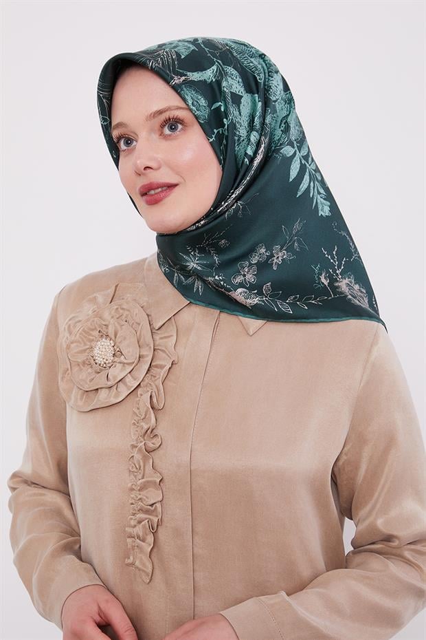 Zümrüt Yeşili Soyut Gül Desen Twill İpek Eşarp