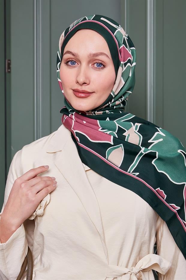 Zümrüt Yeşili Yaprak Desen Royal Şal