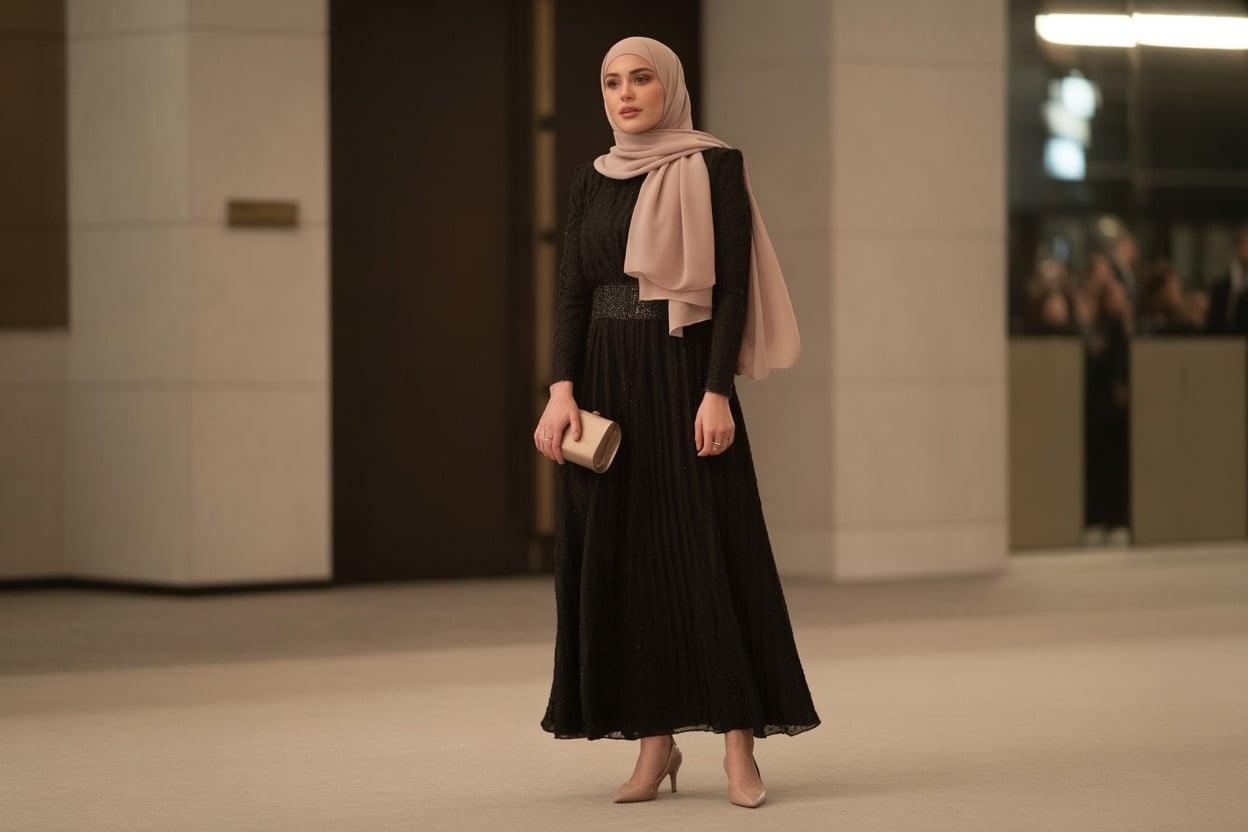 Siyah Abiye Tesettür Kombinlerinde Modern Renk Geçişleri