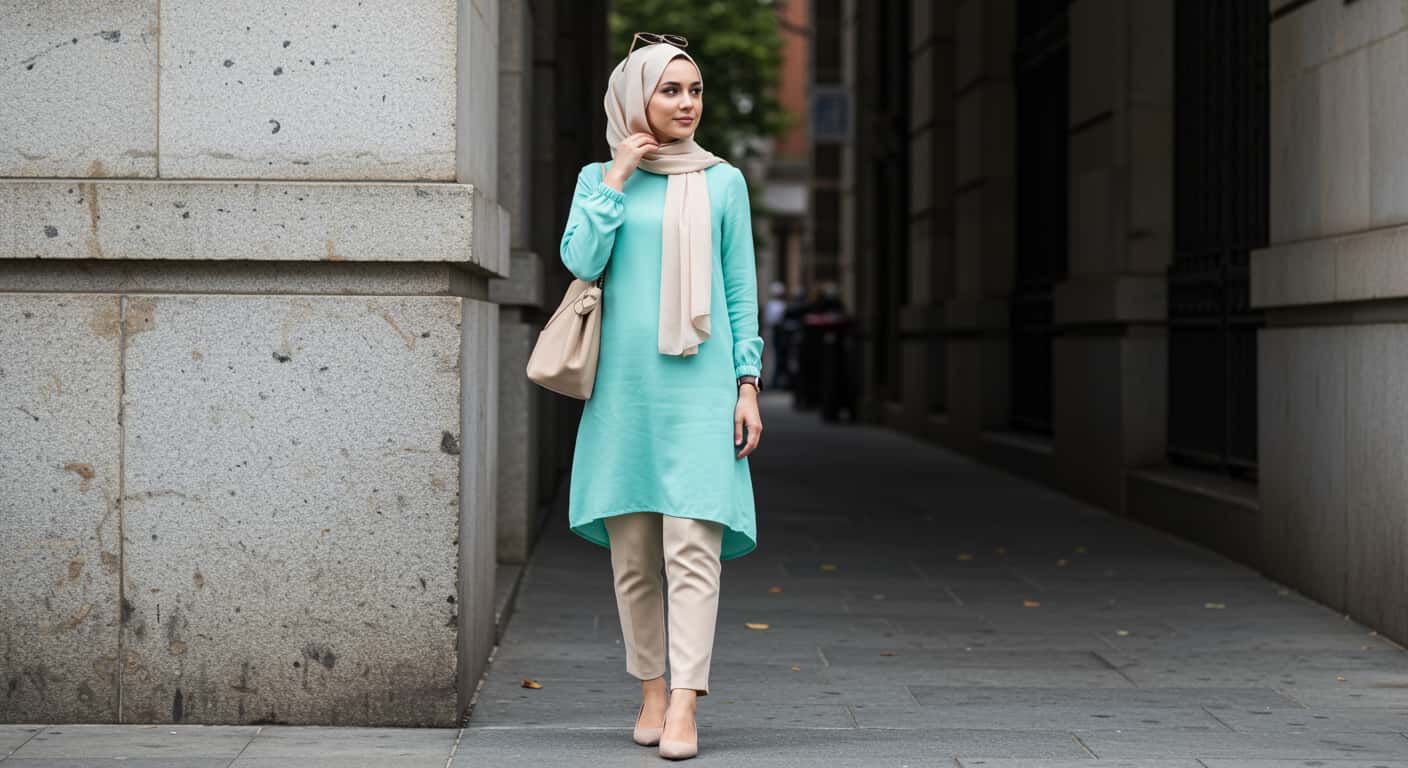 Su Yeşili ile Ferah Tesettür Kombinler