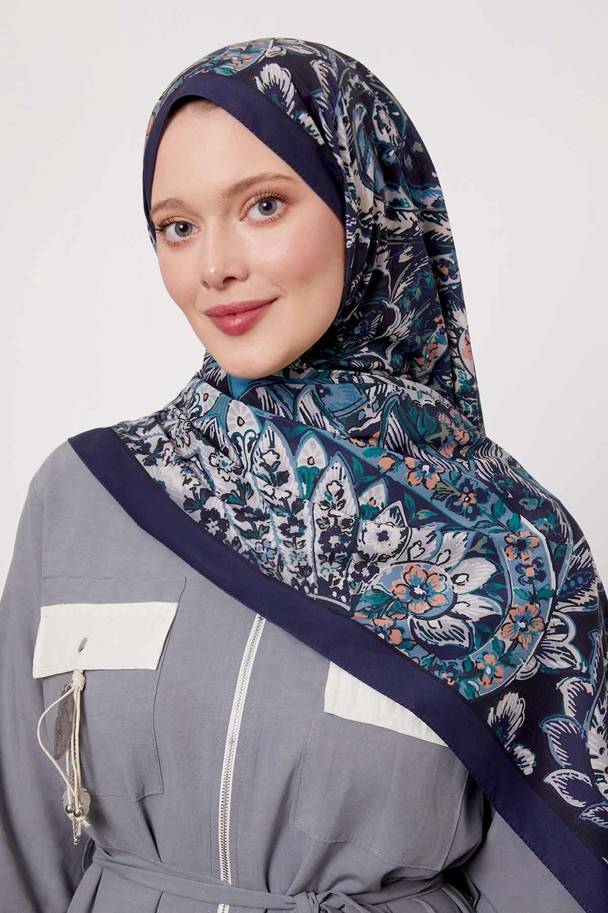 Lacivert Soyut Çiçek Desen Love Şal - Levidor