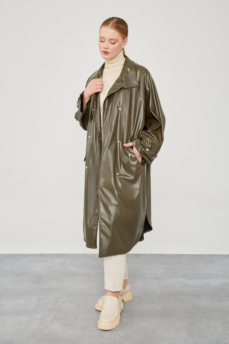 Haki Oversize Suni Deri Trençkot - Levidor