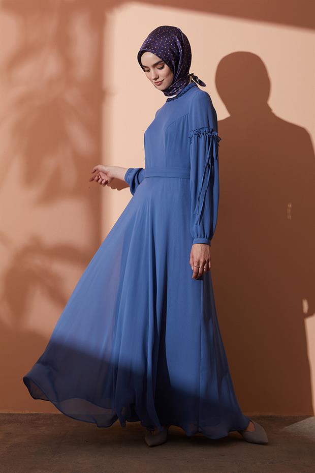 Levidor Mavi Yakası işlemeli,kol fırfırlı abiye elbise | Levidor