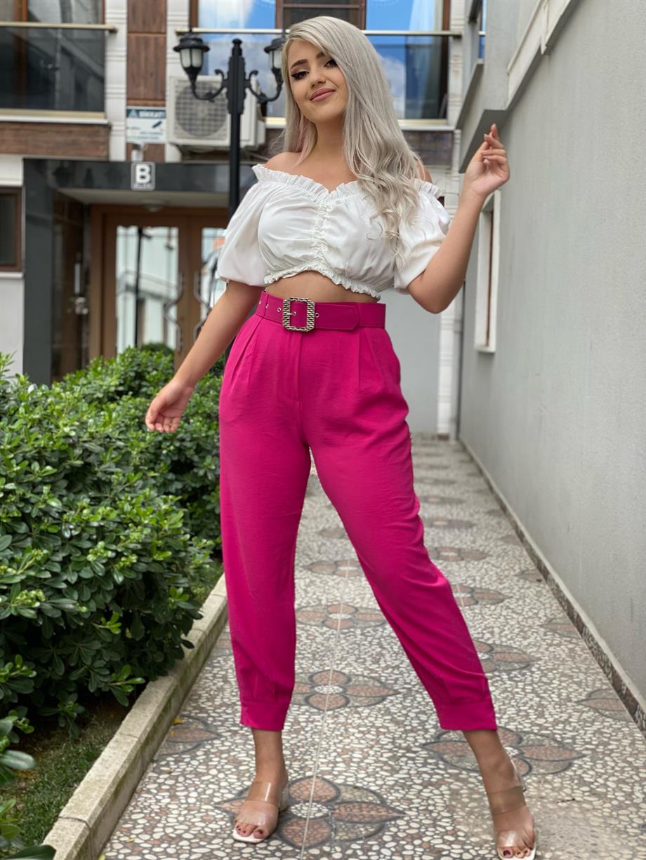 Ayrobin Keten Kemerli Pembe Şalvar Pantalon 