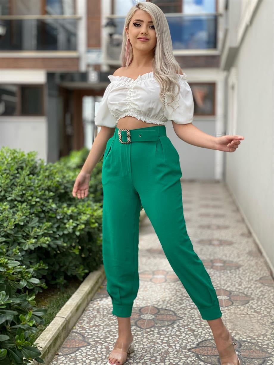 Ayrobin Keten Kemerli Yeşil Pantalon