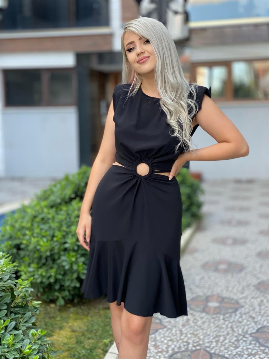 Bel Dekolteli Tasarım Siyah Elbise 