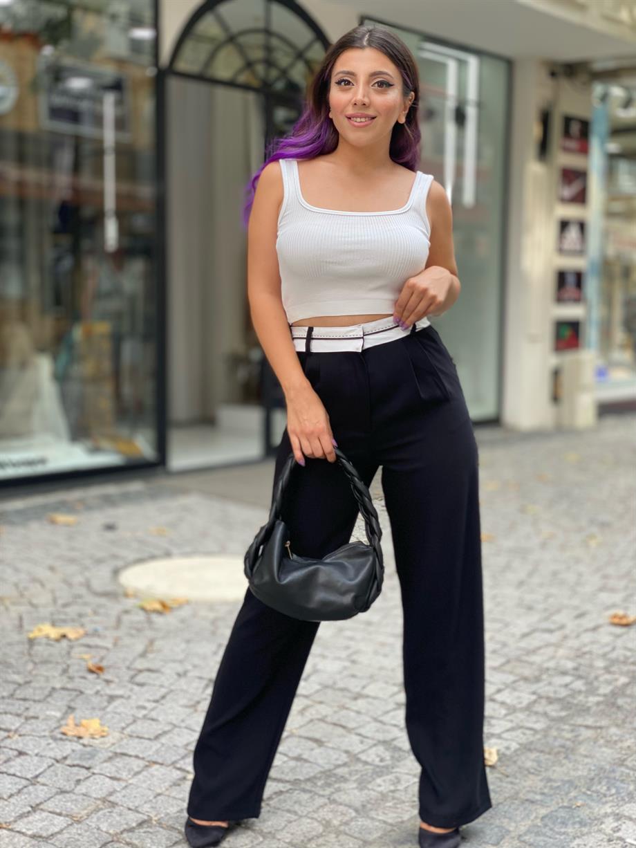 Bel Şeritli Siyah Palazzo Pantalon 