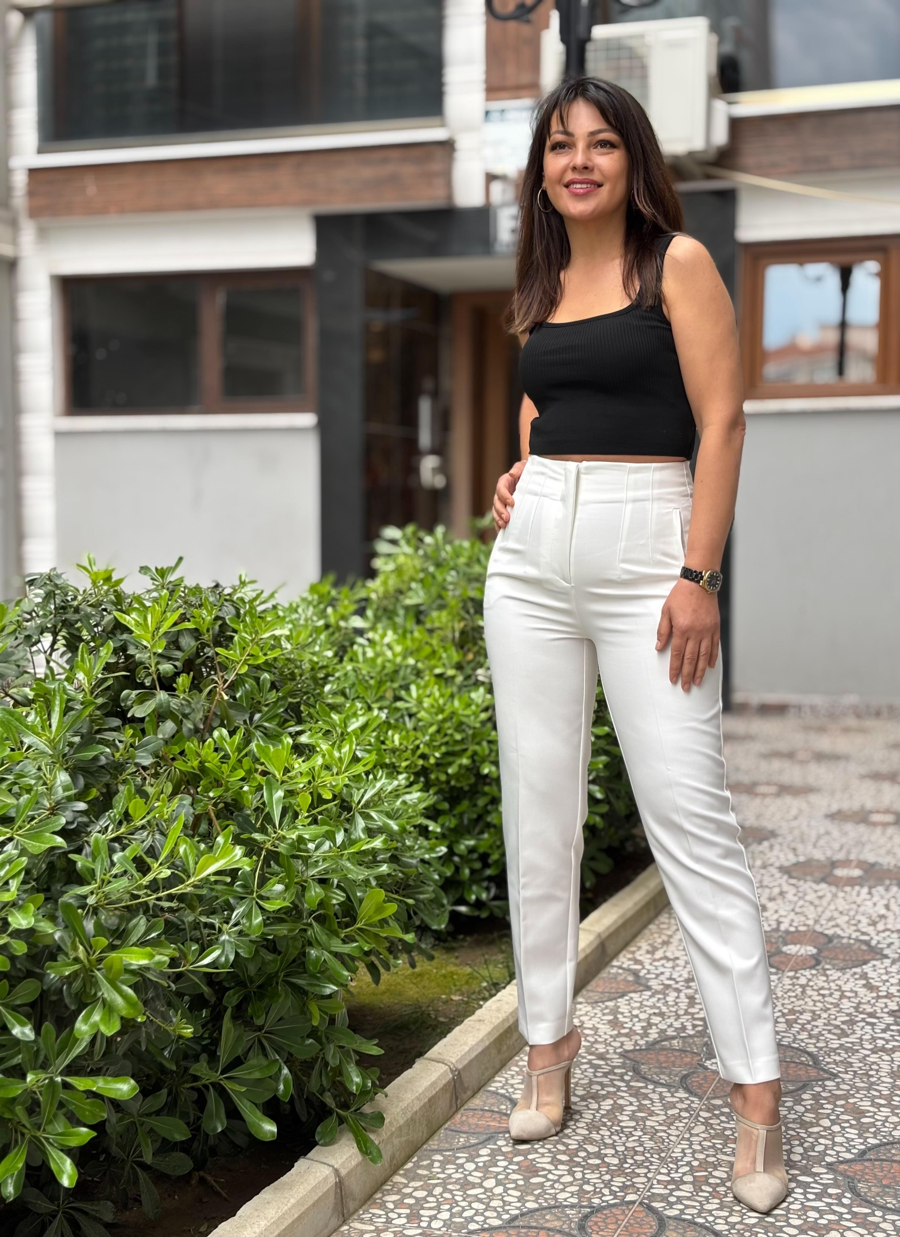 Beyaz Yüksek Bel Pensli Pantalon