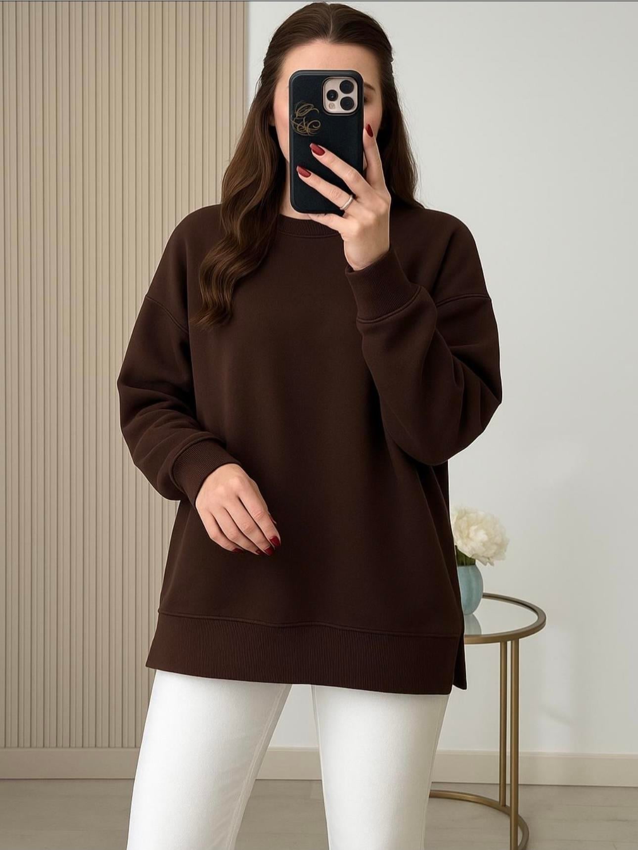 Bisiklet Yaka 2 İplik Sweat Kahve