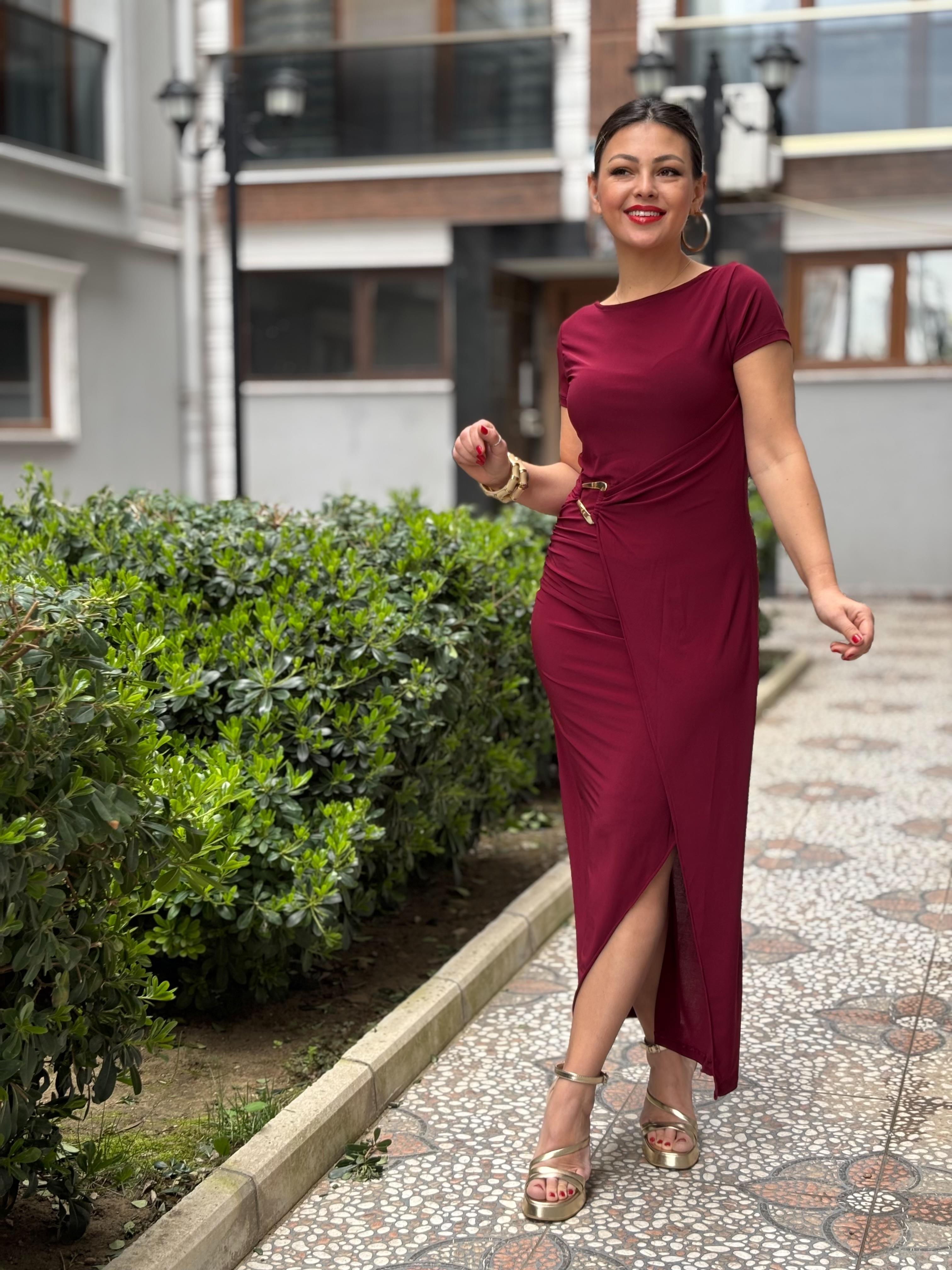 Bordo Gold Tokalı Kısa Kol Elbise