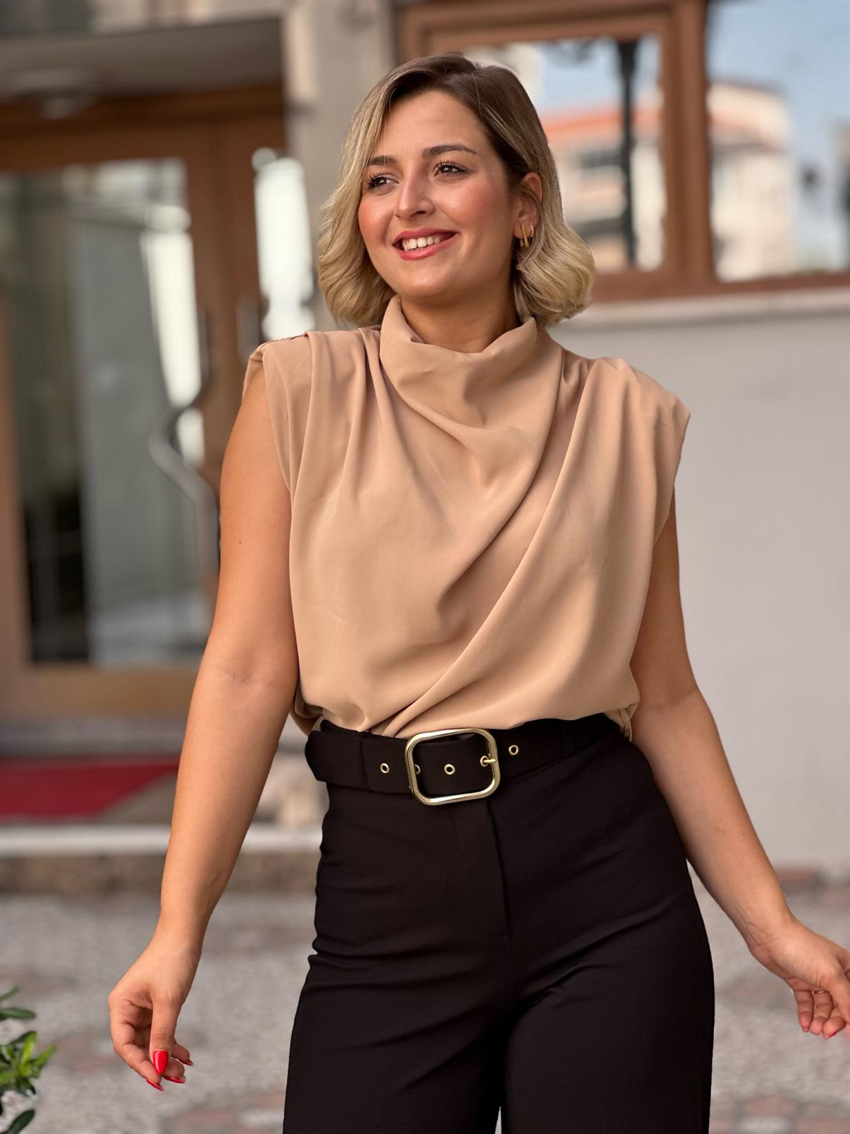 Camel Omuz Vatkalı Degaje Bluz 