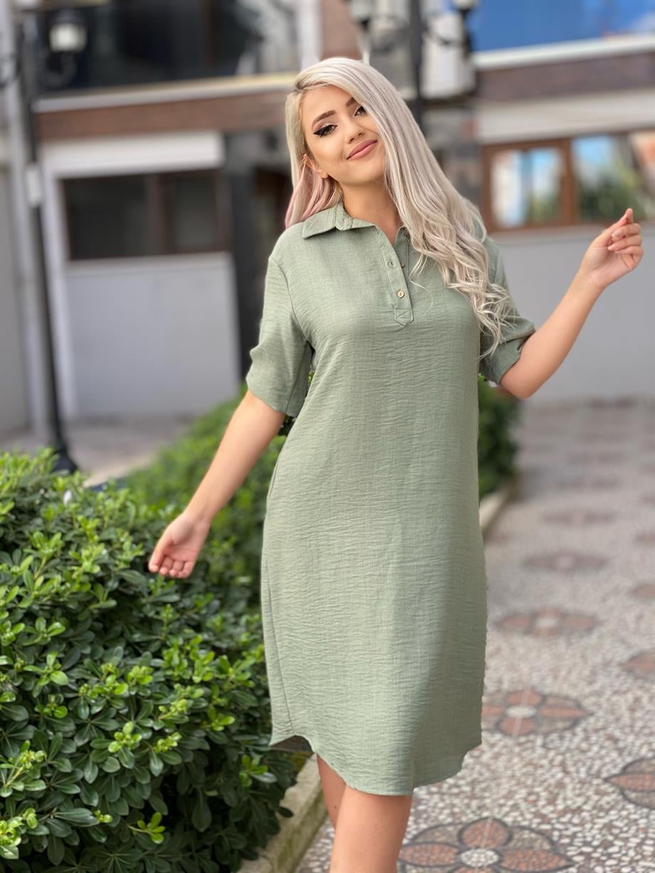 Gömlek Yaka Ham Keten Mavi Elbise