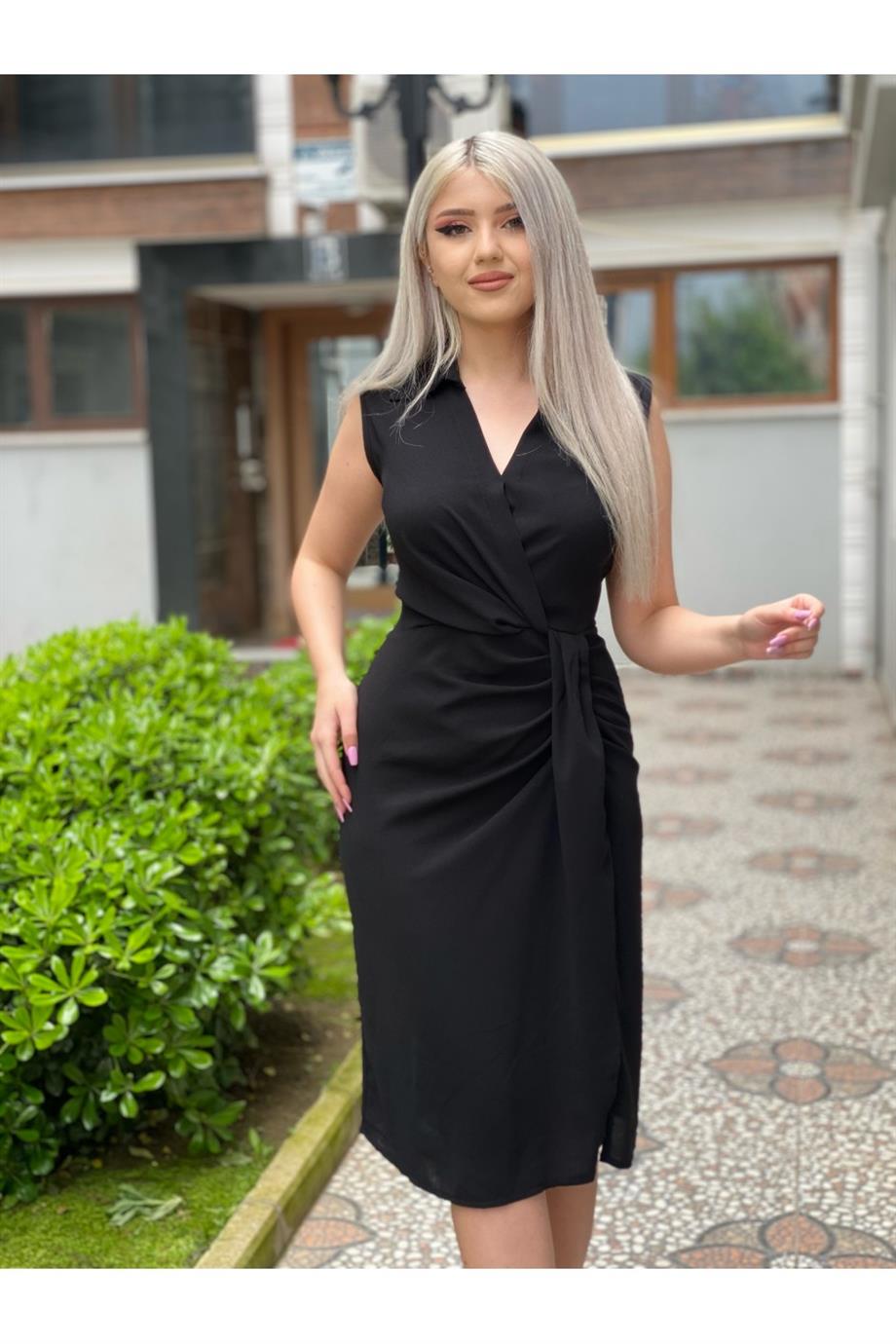 Gömlek Yaka Siyah Crep Kumaş Elbise
