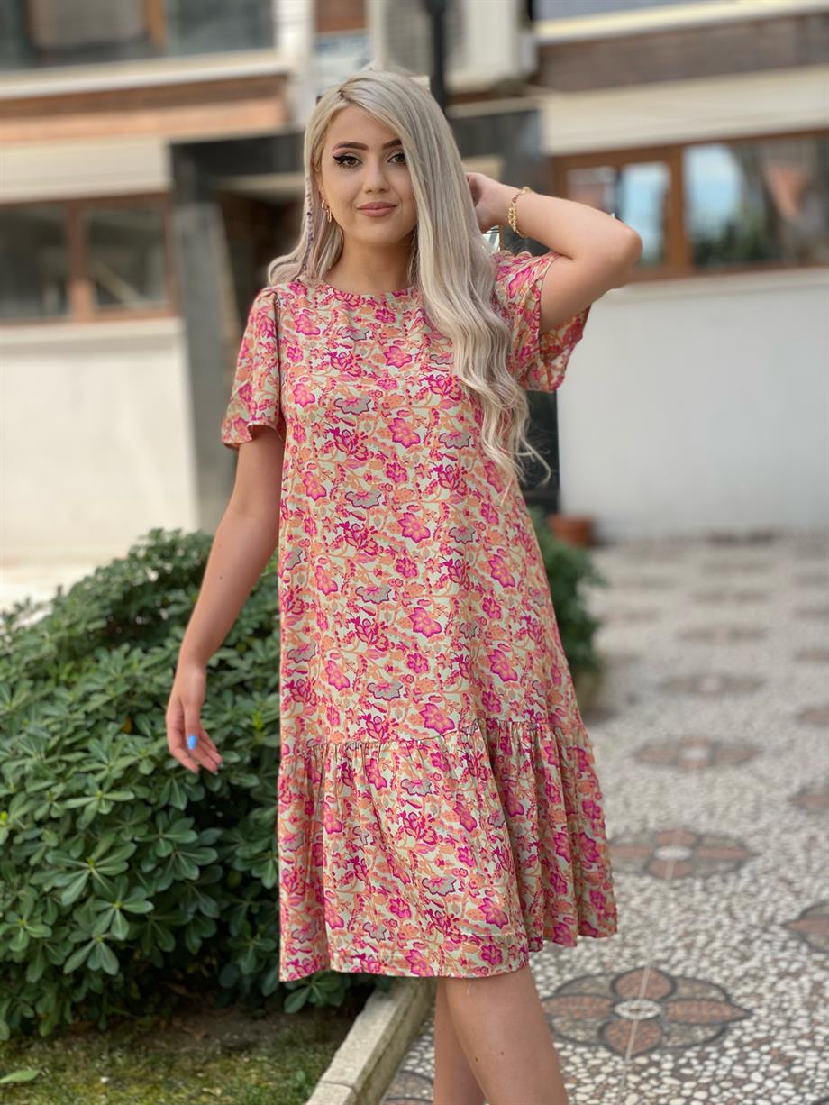 Gül Desen Pamuk Viskon Elbise